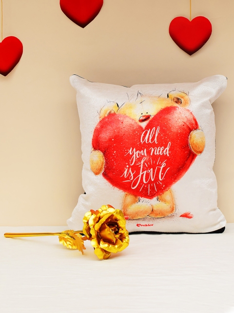 

Archies Love Gifts White Printed Cushions & 24K Golden Rose Valentines Day Gift Set