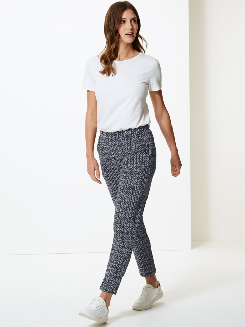 

Marks & Spencer Women Navy Blue Slim Fit Self Design Regular Trousers