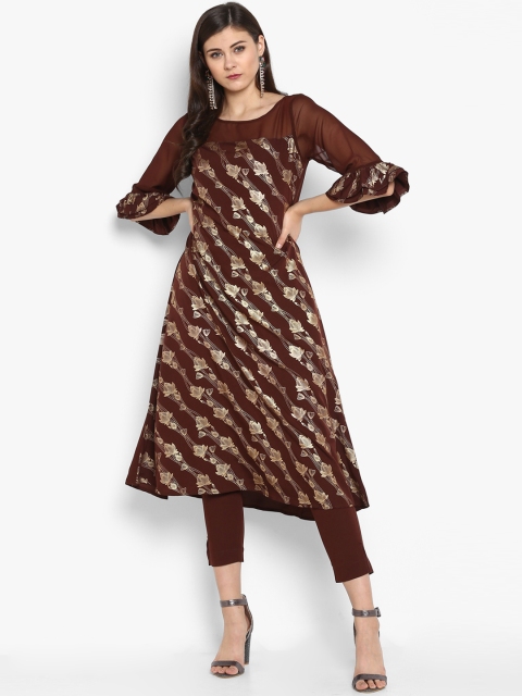 

Janasya Women Brown Printed Kurta with Trousers
