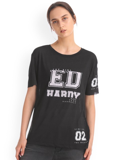 

Ed Hardy Women Black Printed Round Neck T-shirt