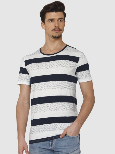 

SELECTED Men White & Navy Blue Striped Round Neck T-shirt