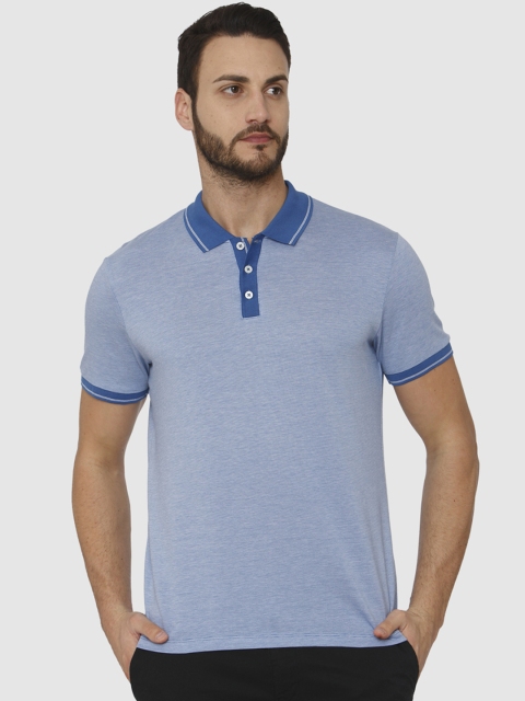 

SELECTED Men Blue Self Design Polo Collar T-shirt