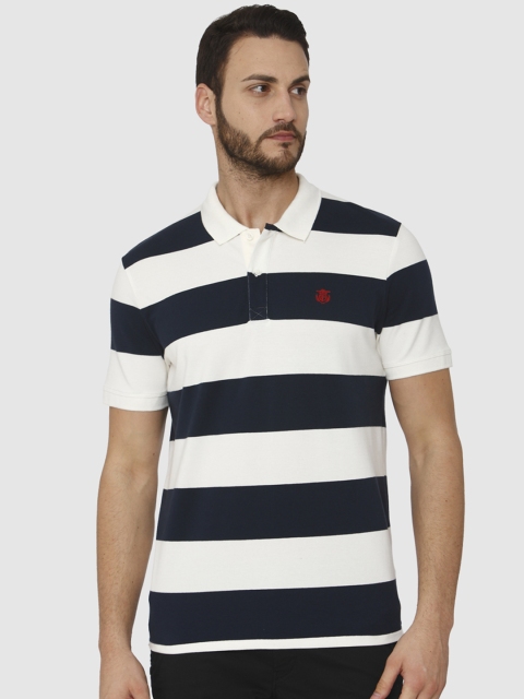 SELECTED Men White & Navy Blue Striped Polo Collar T-shirt