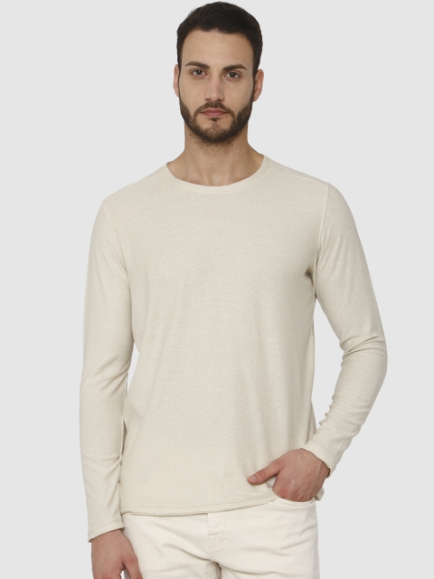 

SELECTED Men Beige Self Design Round Neck T-shirt