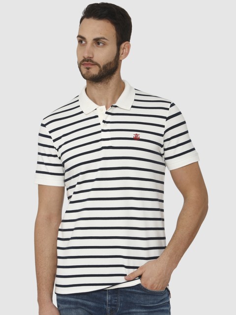 

SELECTED Men White & Black Striped Polo Collar T-shirt