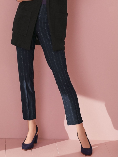 

next Women Navy Blue Regular Fit Striped Regular Trousers