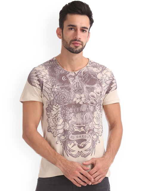 Ed Hardy Men Beige Printed Round Neck T-shirt