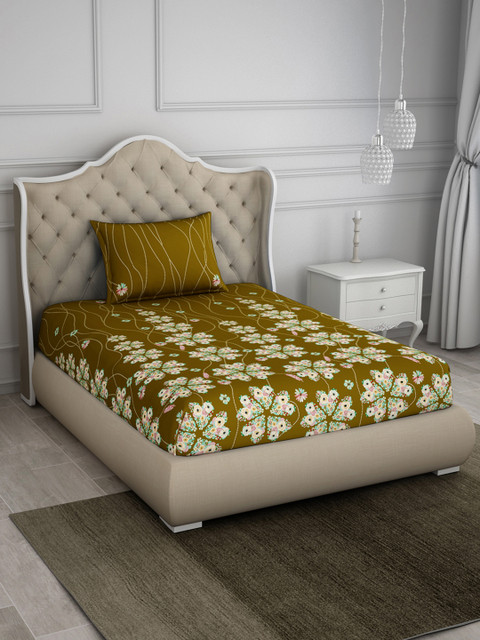

SPACES Olive Green & Beige Floral Flat 144 TC Cotton Bedsheet with 1 Pillow Cover