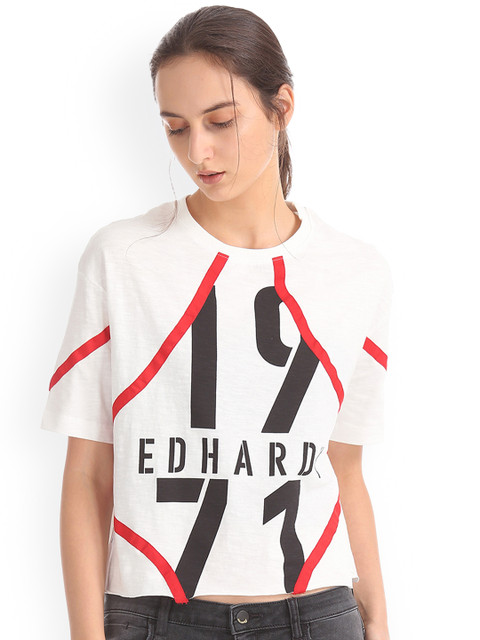 

Ed Hardy Women White Printed Round Neck T-shirt