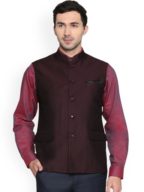 

Van Heusen Men Maroon Solid Nehru Jacket