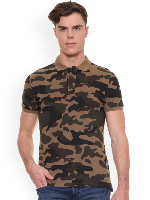 

People Men Olive Green Brown Printed Polo Collar Pure Cotton T-shirt