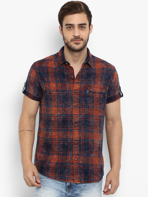 

Mufti Men Rust Brown & Navy Blue Slim Fit Checked Casual Shirt