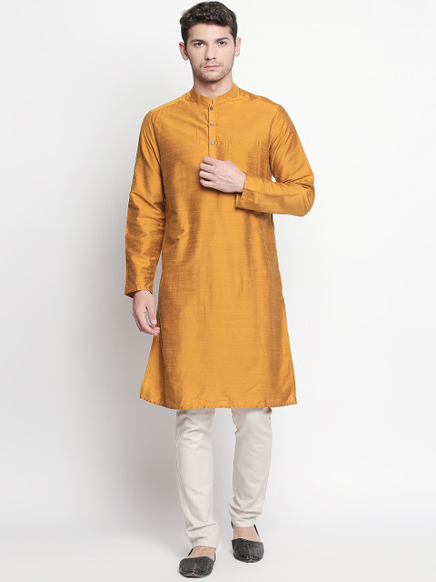 

indus route by Pantaloons Men Mustard Yellow Woven Design Straight Kurta