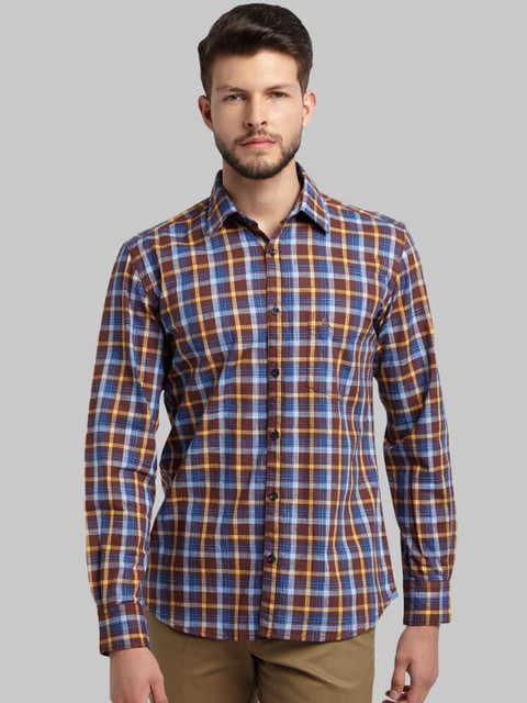 

Parx Men Brown & Blue Slim Fit Checked Casual Shirt
