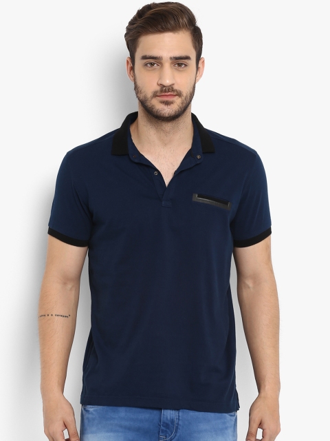 Mufti Men Navy Blue Solid Polo Collar T-shirt