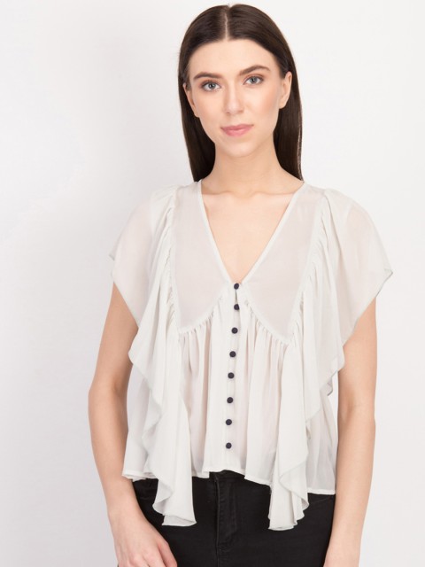 

LA LOFT Women Off-White Solid Empire Top