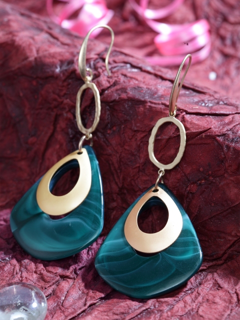 

SASSAFRAS Gold-Plated & Teal Contemporary Drop Earrings
