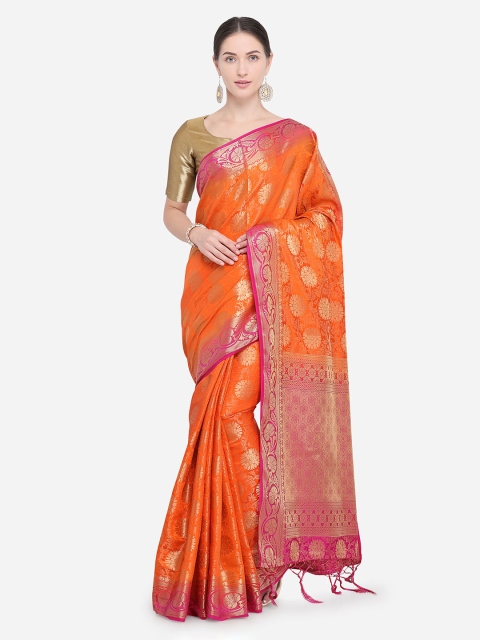 

Rajnandini Orange Silk Blend Woven Design Kanjeevaram Saree