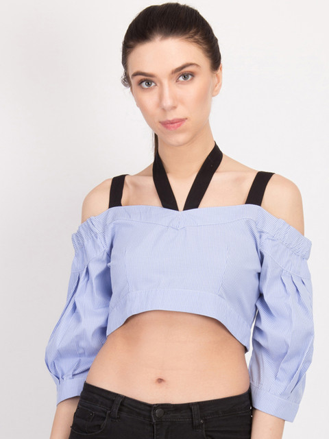 

LA LOFT Women Blue Striped Top
