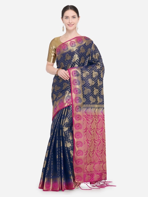 

Rajnandini Navy Blue Silk Blend Woven Design Kanjeevaram Saree