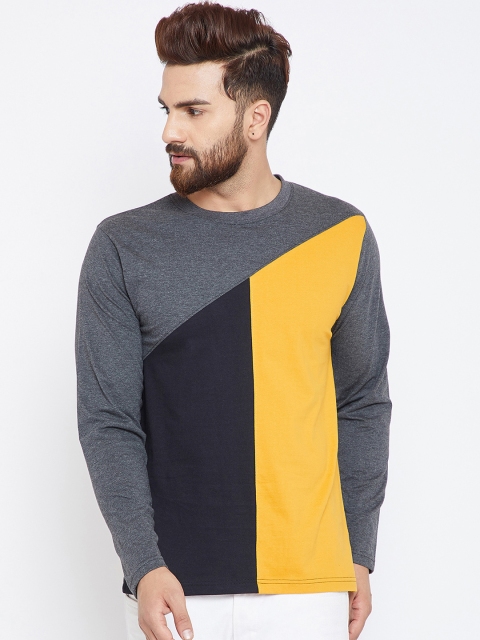 

The Dry State Men Yellow Grey Colourblocked Round Neck Pure Cotton T-shirt