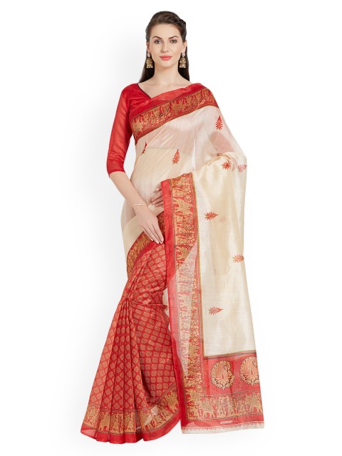 

Silk Bazar Cream-Coloured & Red Art Silk Printed Bhagalpuri Saree