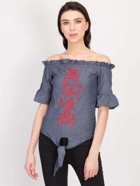 

LA LOFT Women Grey Printed Bardot Top