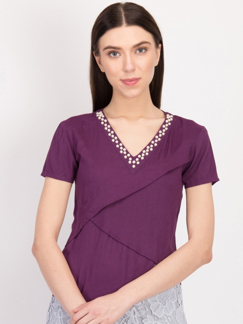 

LA LOFT Women Purple Embellished Top
