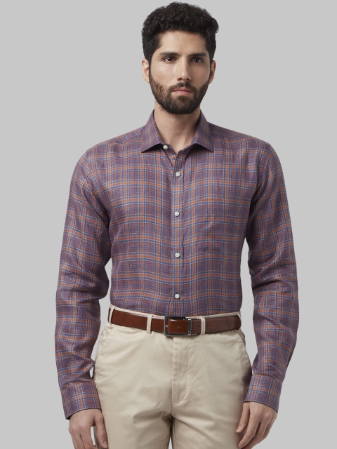

Park Avenue Men Orange & Blue Slim Fit Checked Linen Formal Shirt