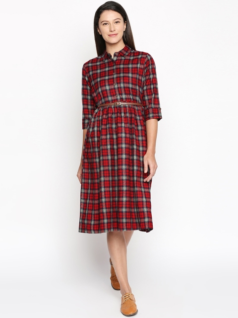 

AKKRITI BY PANTALOONS Women Red Checked Shirt Dress
