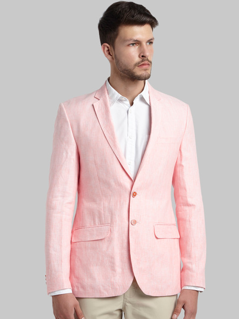 

Parx Men Peach Linen Single Breasted Blazer