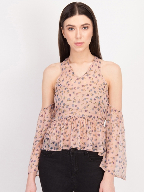 

LA LOFT Women Beige Printed Peplum Top