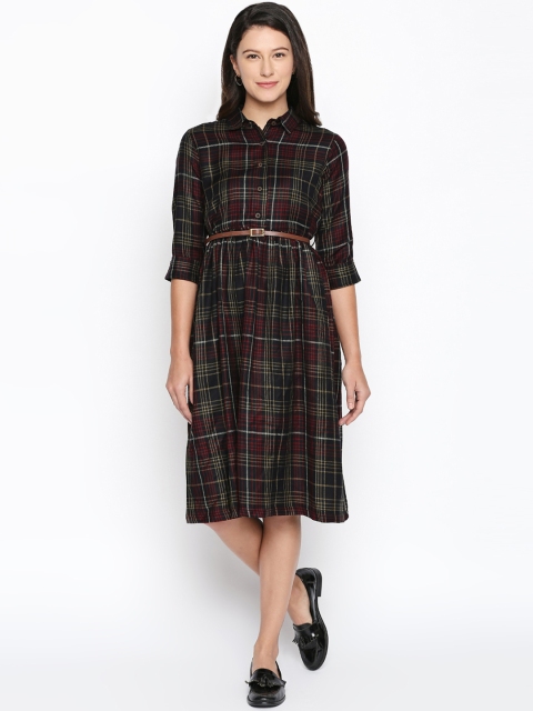 

AKKRITI BY PANTALOONS Women Black Checked Shirt Dress