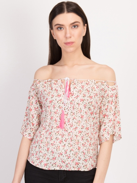 

LA LOFT Women Peach-Coloured Printed Bardot Pure Cotton Top