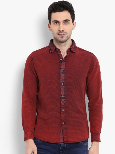Mufti Men Red Slim Fit Striped Casual Shirt