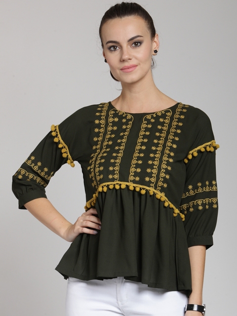 

plusS Women Olive Green Self Design Empire Top