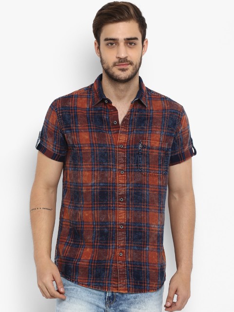 

Mufti Men Rust Brown & Navy Blue Slim Fit Checked Casual Shirt