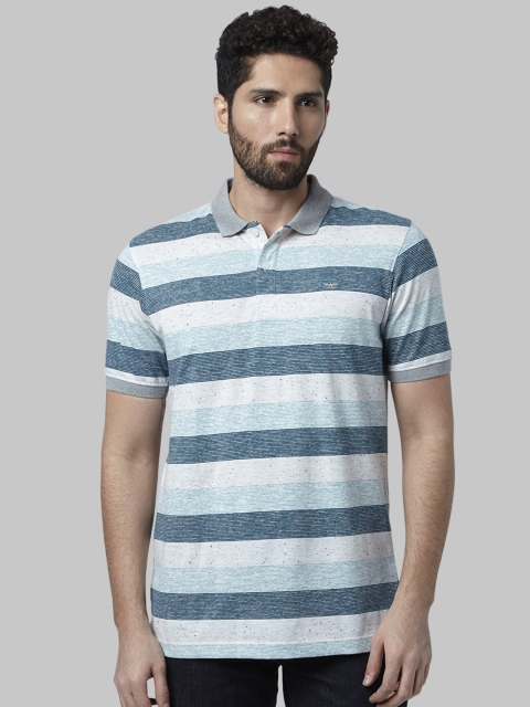 

Park Avenue Men Grey & Blue Striped Polo Collar T-shirt