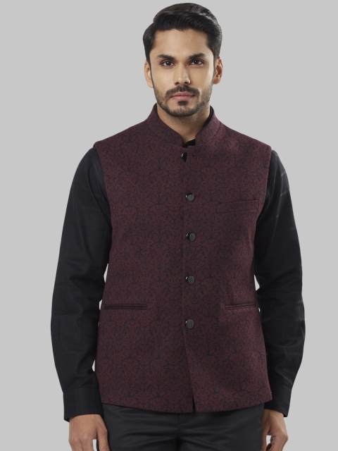 

Raymond Maroon Woven-Design Single-Breasted Nehru Jacket