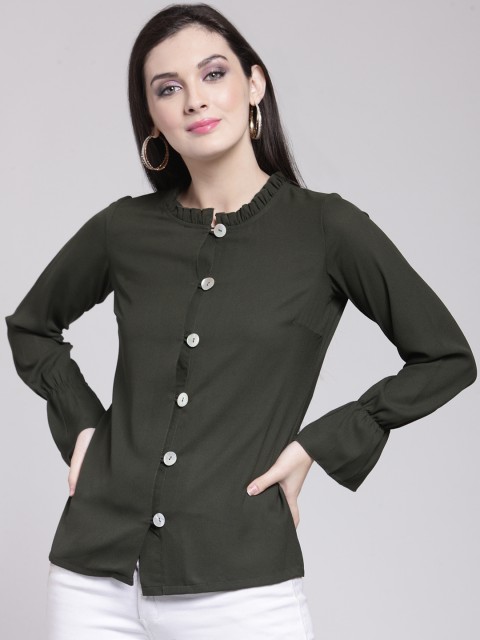 

plusS Women Olive Green Solid Shirt Style Top