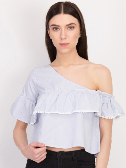 

LA LOFT Women White Striped Pure Cotton Top