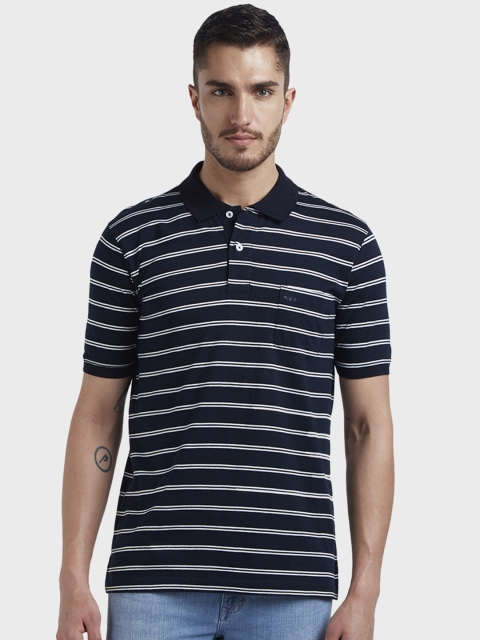 

ColorPlus Men Navy Blue White Striped Polo Collar Pure Cotton T-shirt
