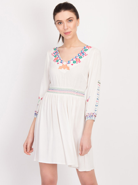 

LA LOFT Women Off-White Self Design Fit and Flare Dress