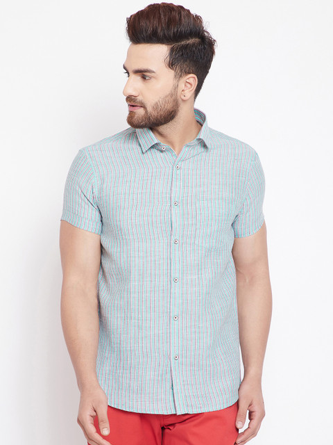 

Canary London Men Green & Grey Slim Fit Striped Casual Shirt