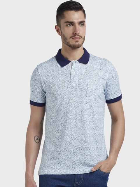 

ColorPlus Men White Blue Printed Polo Collar Pure Cotton T-shirt