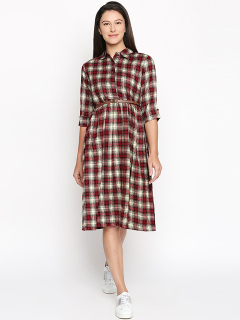 

AKKRITI BY PANTALOONS Women Maroon Checked Shirt Dress