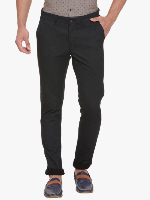 

Basics Men Black & Grey Skinny Fit Self Design Regular Trousers
