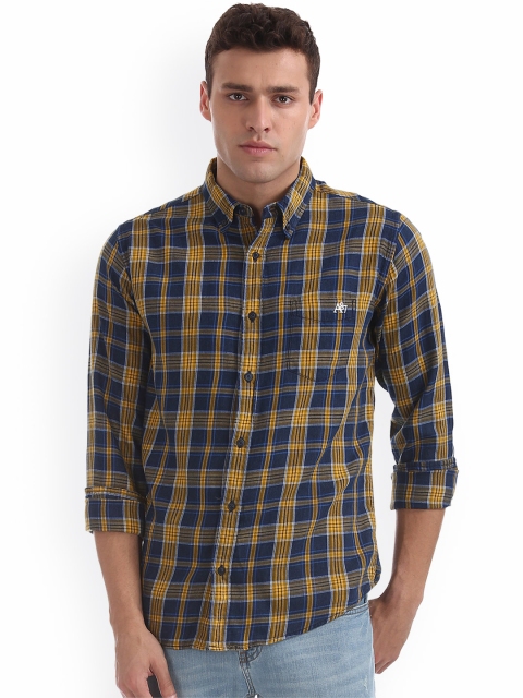

Aeropostale Men Yellow & Navy Blue Regular Fit Checked Casual Shirt