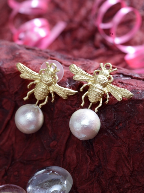 

SASSAFRAS Gold-Plated & White Contemporary Drop Earrings