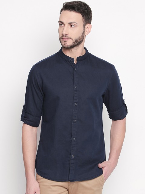 

Urban Ranger by pantaloons Men Navy Blue Slim Fit Solid Linen Casual Shirt